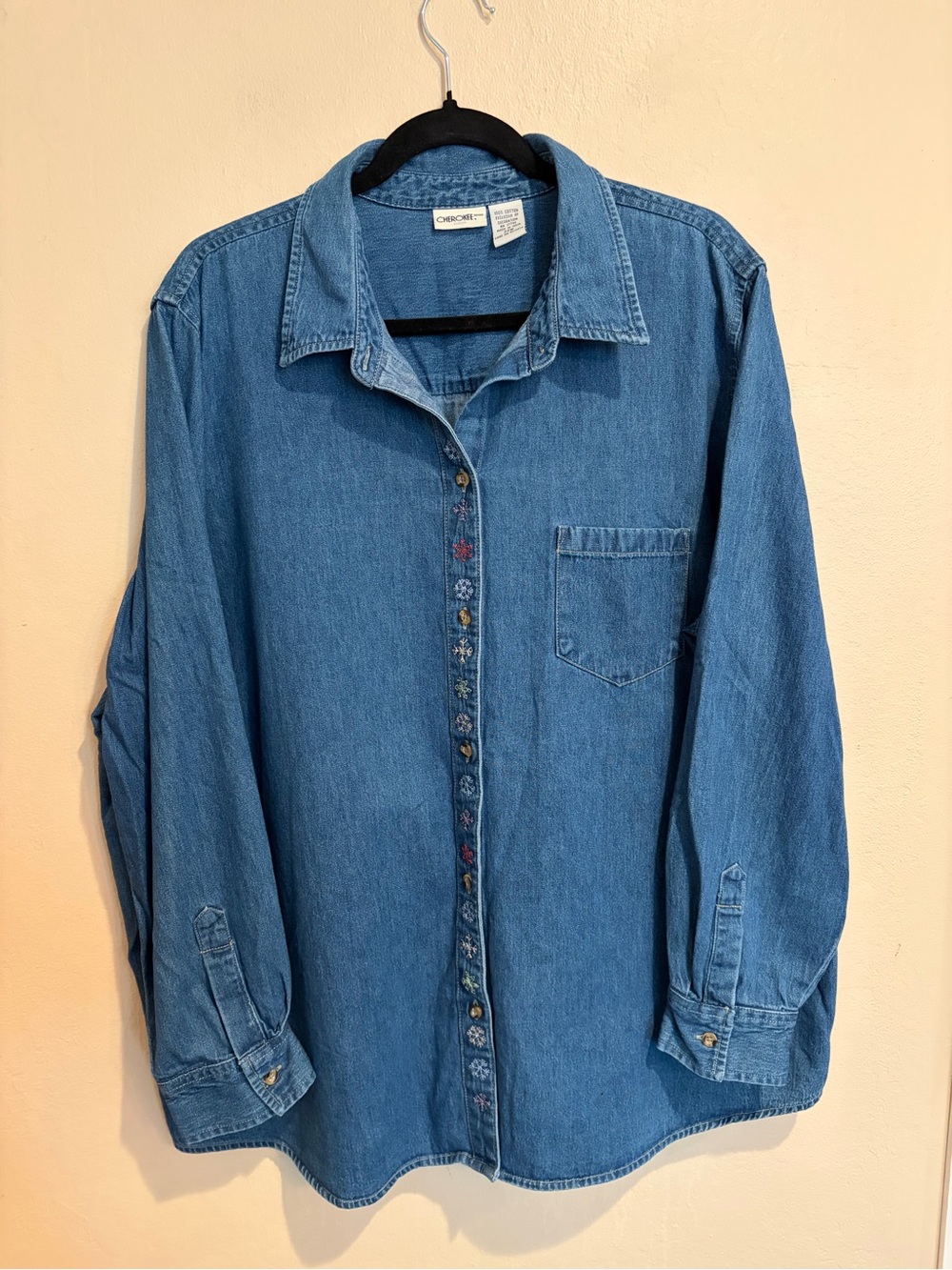 Vintage Cherokee Blue Denim Button Up with Cute Embroidered Snowflakes, size 22
